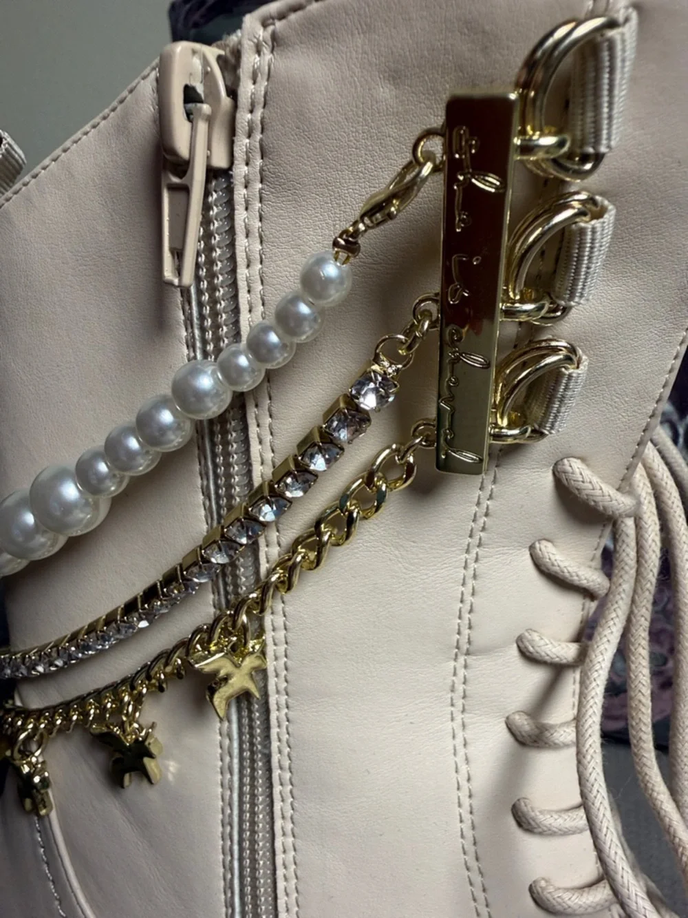 Beige Lace-Up Platform Combat Boots with Pearl & Gold Chain Detail - Picture 8 of 11